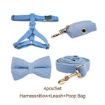 Blue corduroy harness set with bow tie, collar, leash, and waste bag pouch, gold clips.