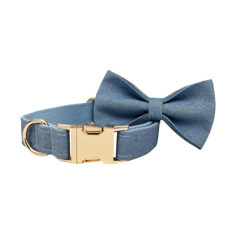 Blue denim dog collar with detachable bowtie and gold metal buckle, close-up
