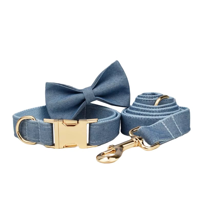 Blue denim dog collar with bow tie and matching leash with gold hardware