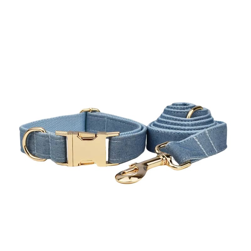 Blue denim dog collar and matching leash set with gold hardware