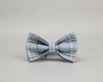 Blue plaid bow tie with center strap detail