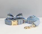 Blue plaid bow tie collar with gold hardware and matching rolled leash