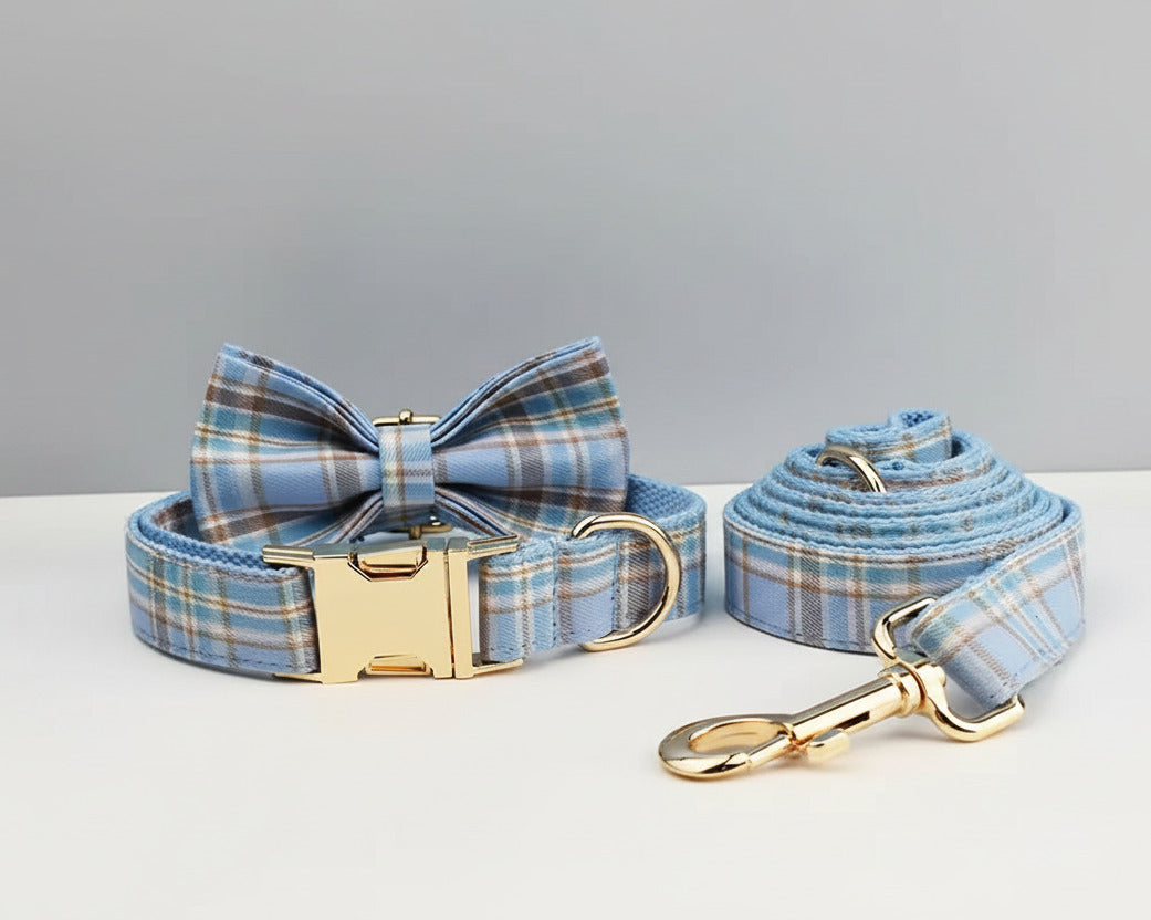 Blue plaid bow tie collar with gold hardware and matching rolled leash