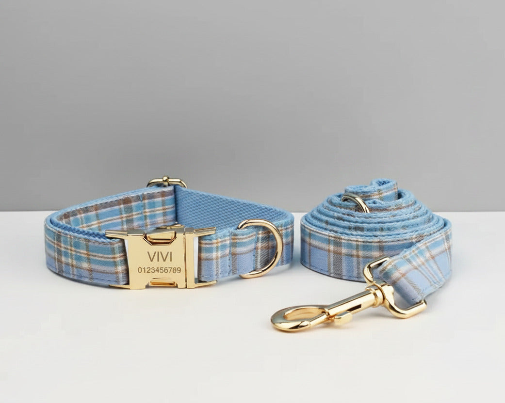 Blue plaid pet collar with gold-tone buckle and matching leash, set accessory