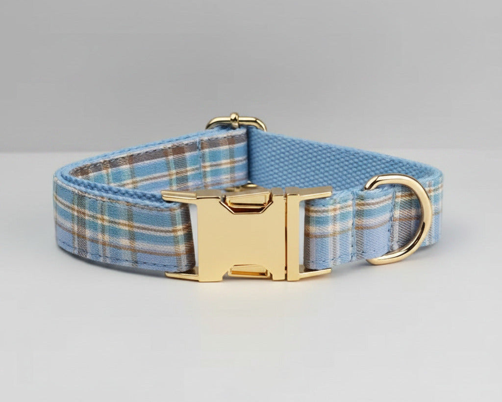 Blue plaid dog collar with gold nameplate buckle and metal D-ring