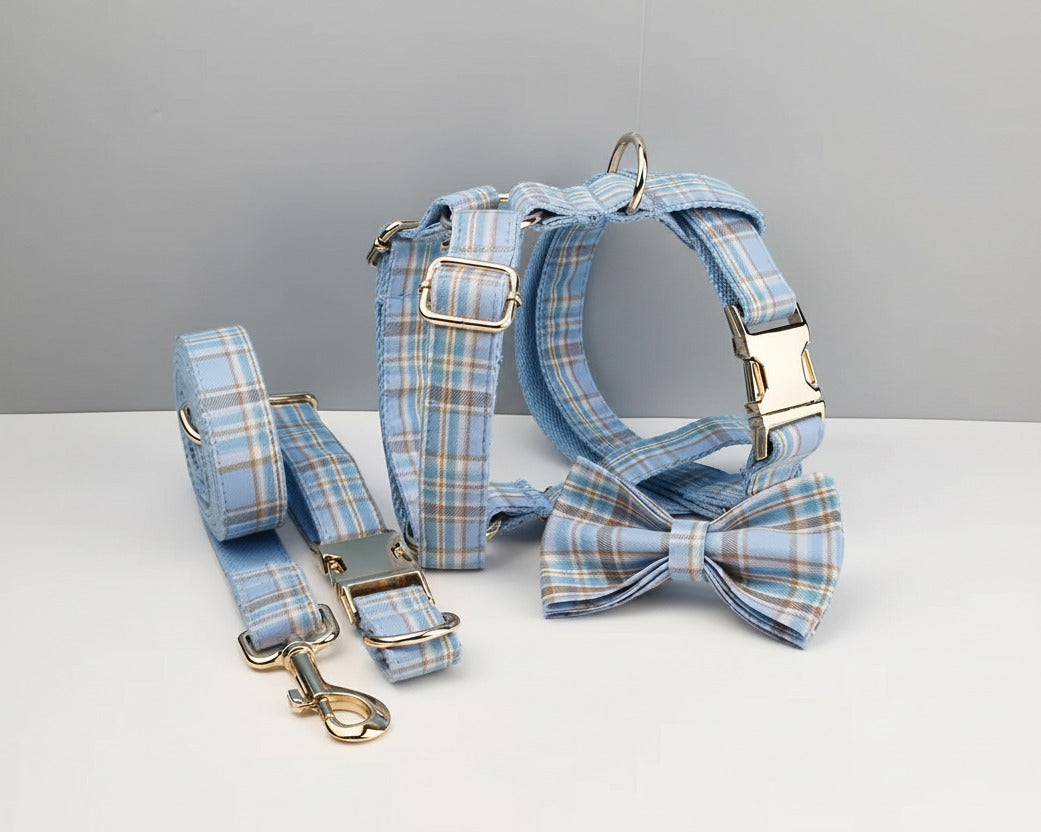 Blue plaid pet harness with leash strap and bow tie collar accessory, gold buckles