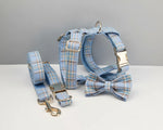 Blue plaid pet harness with leash strap and bow tie collar accessory, gold buckles