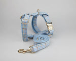 Blue plaid harness with matching rolled leash and gold metal clips