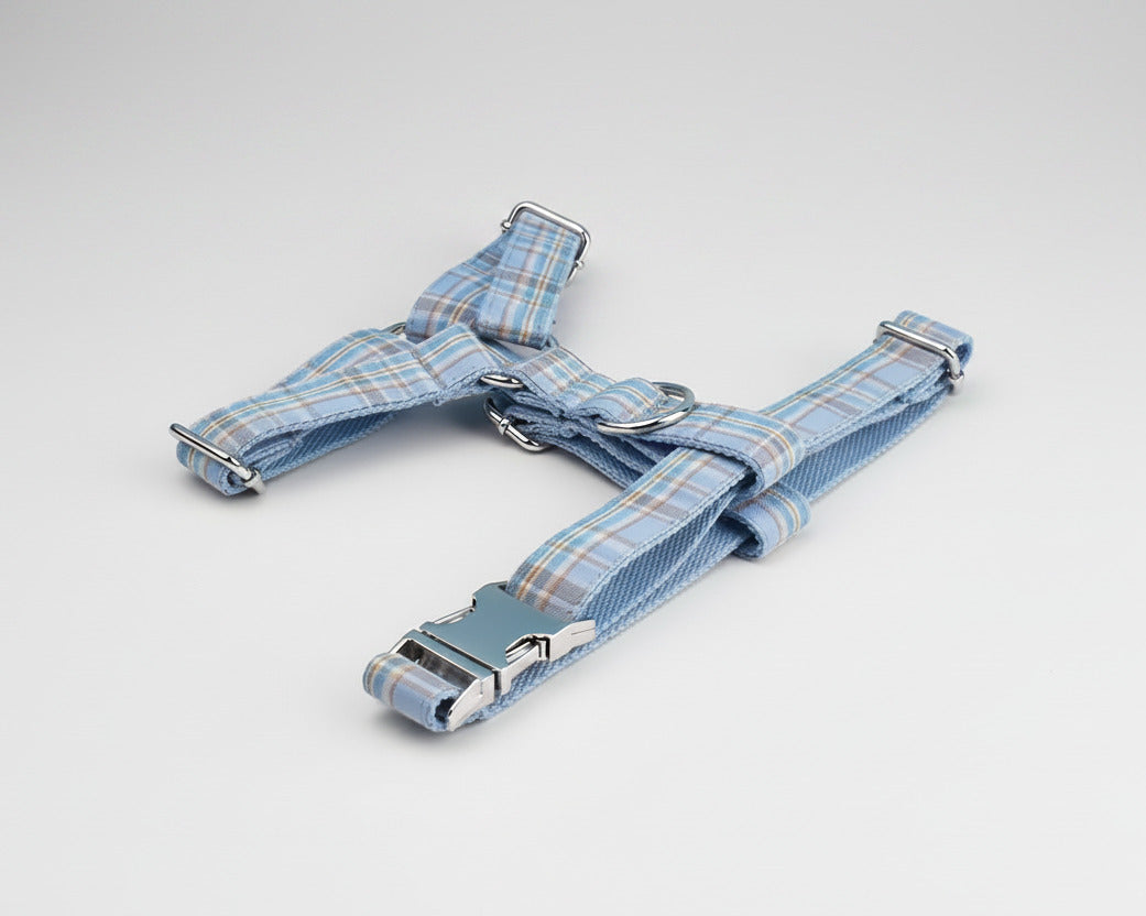 Blue plaid pet harness with front clips and adjustable straps, gold hardware