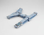 Blue plaid pet harness with front clips and adjustable straps, gold hardware