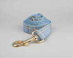 Blue plaid matching pet leash with gold swivel clasp, neatly folded