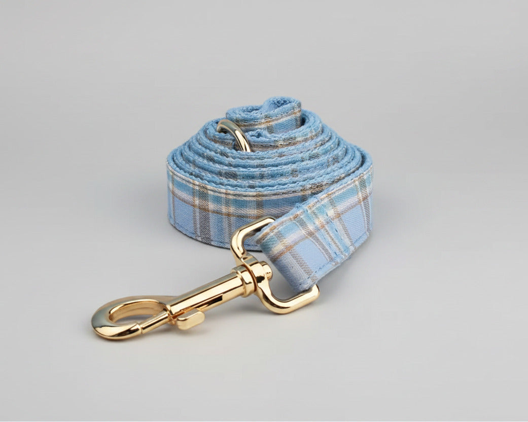 Blue plaid matching pet leash with gold swivel clasp, neatly folded