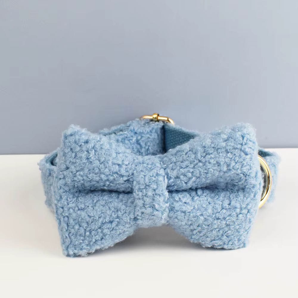Light blue teddy dog collar with large bowtie and gold metal ring hardware