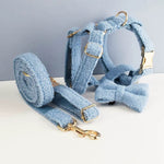 Light blue teddy pet harness with collar band and gold leash hardware