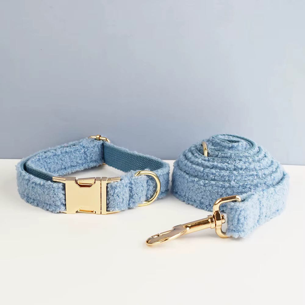 Light blue teddy dog collar and matching leash with gold hardware