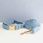 Light blue teddy dog collar and matching leash with gold hardware