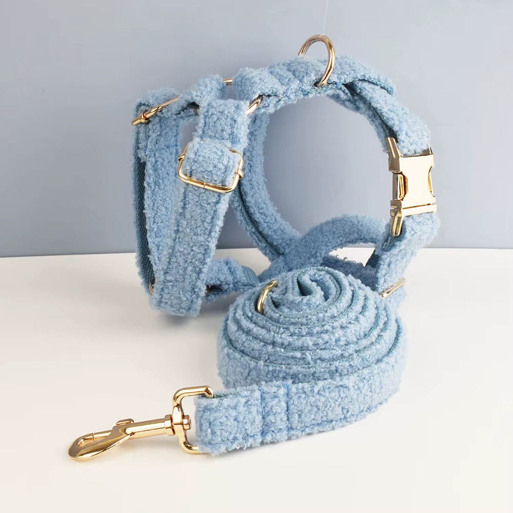 Light blue teddy pet harness with gold buckles and attached leash