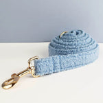 Light blue teddy dog leash with gold swivel clip and matching handle