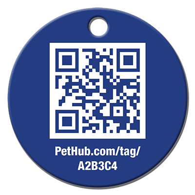 Blue round QR pet ID tag with PetHub.com/tag/A2B3C4