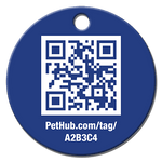 Blue round QR pet ID tag with PetHub.com/tag/A2B3C4