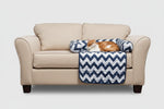 Reversible pet bed and chair cover set with navy-and-white chevron quilt top