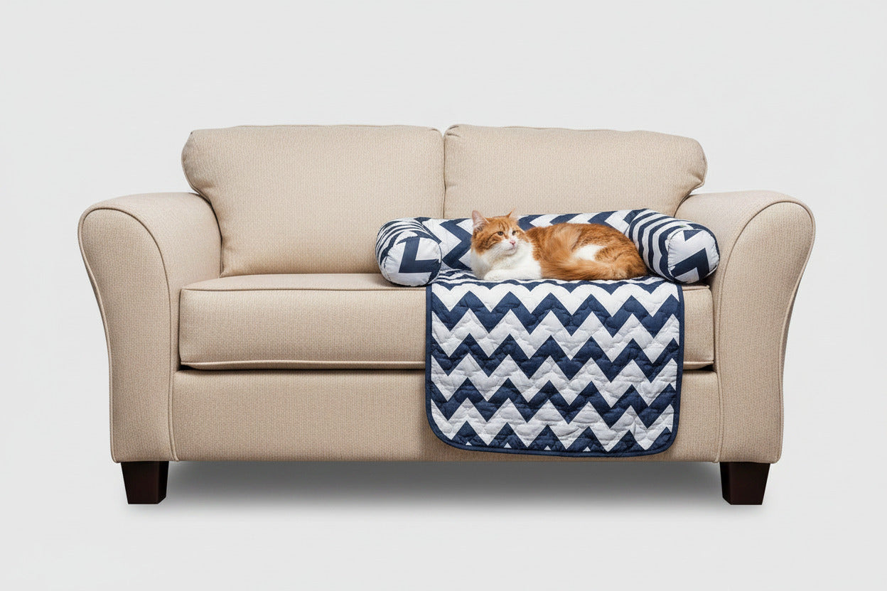 Reversible pet bed and chair cover set with navy-and-white chevron quilt top
