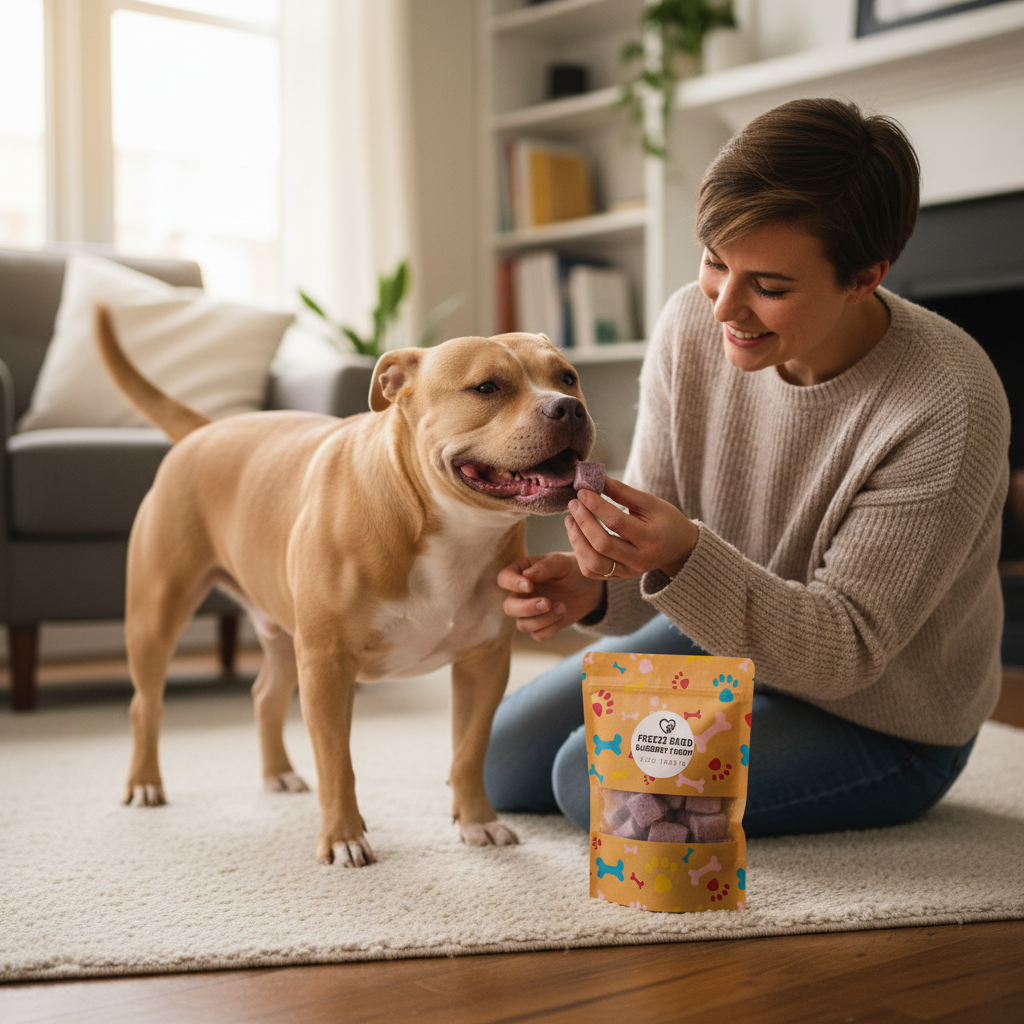 Freeze-dried blueberry yogurt dog treats pouch, shown with dog accepting a treat