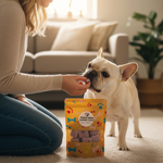 Freeze-dried blueberry yogurt dog treats pouch, dog being fed from a hand