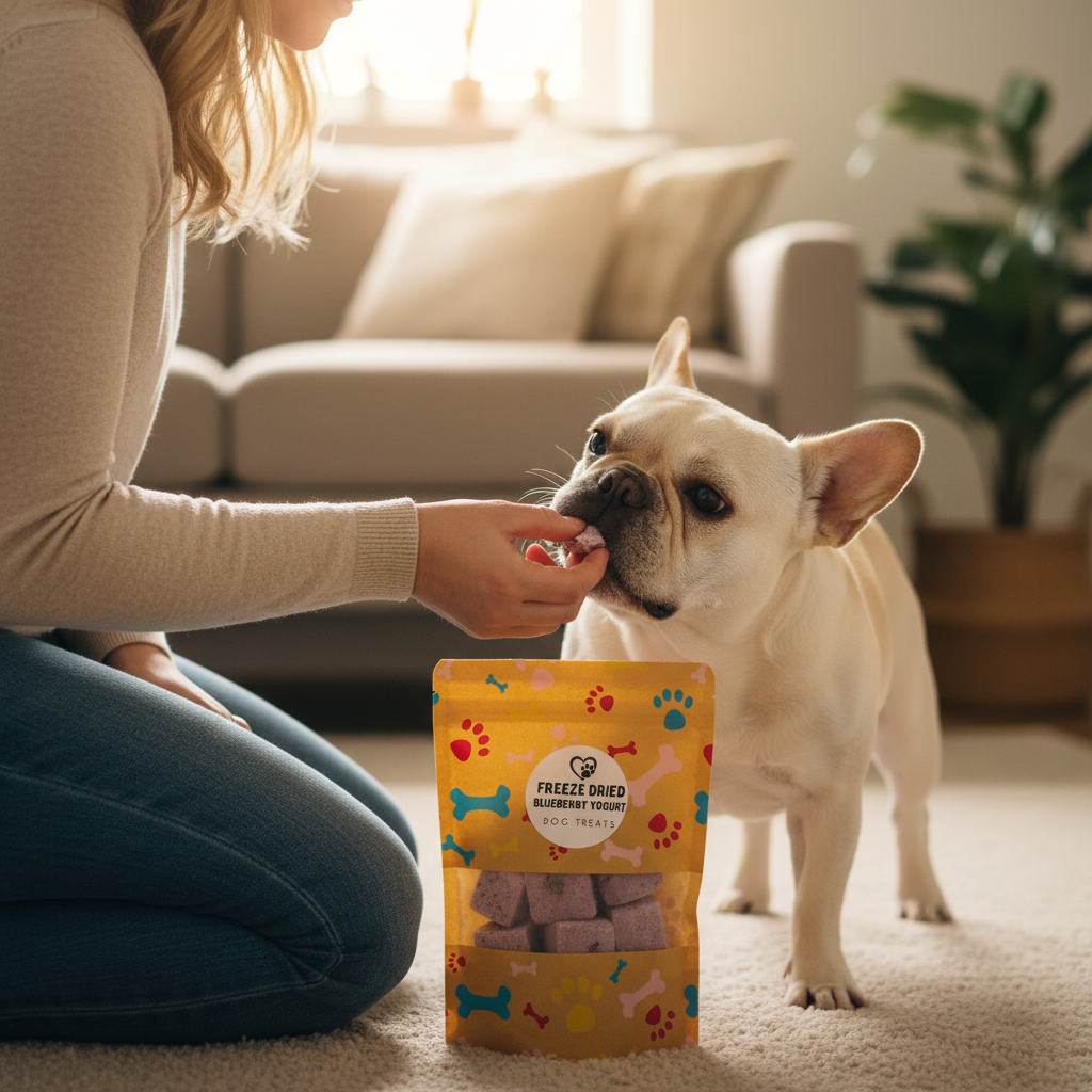 Freeze-dried blueberry yogurt dog treats pouch, dog being fed from a hand