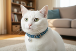 Reflective breakaway pet collar on white cat, blue/black braided pattern with tag