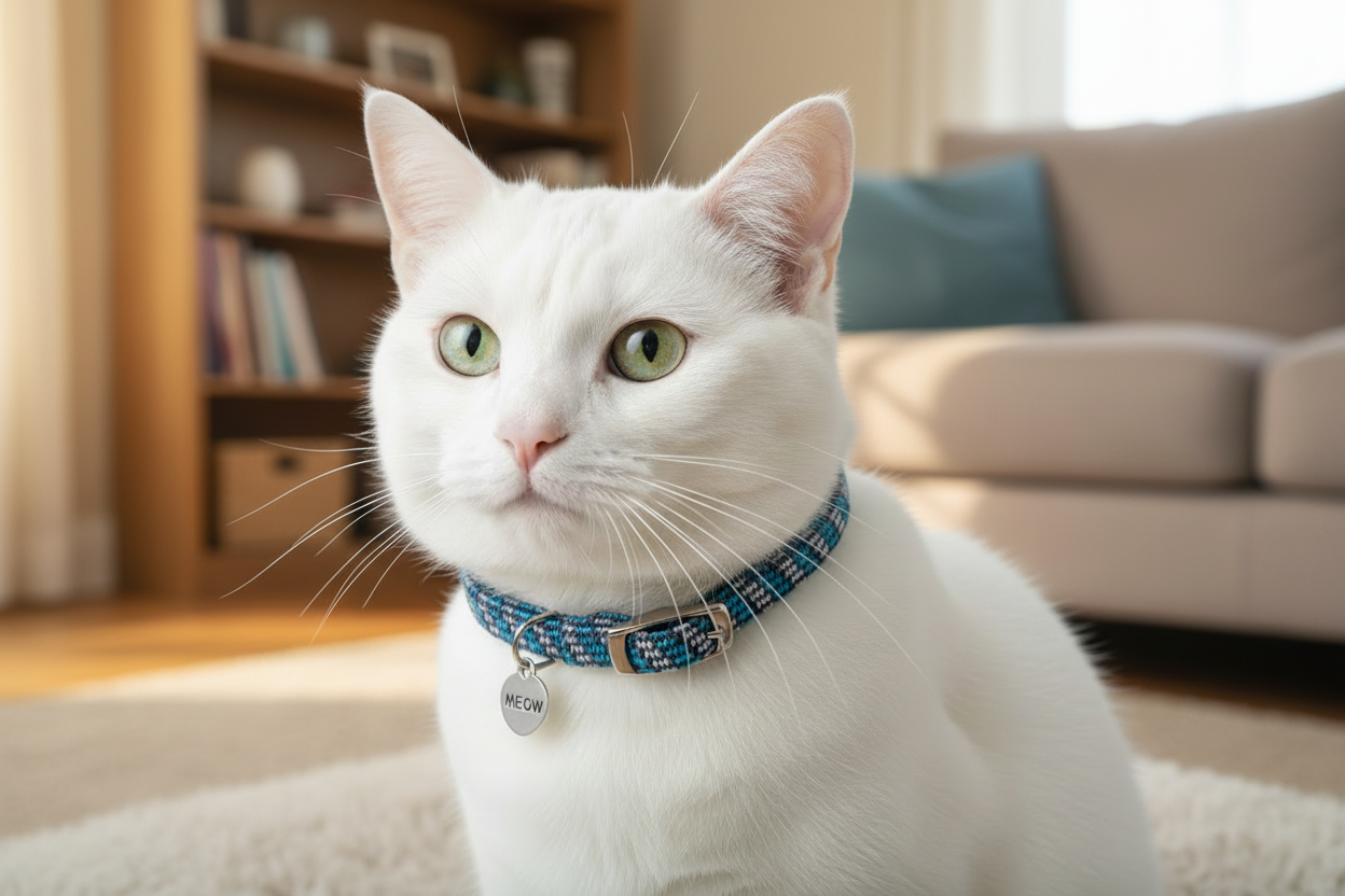Reflective breakaway pet collar on white cat, blue/black braided pattern with tag