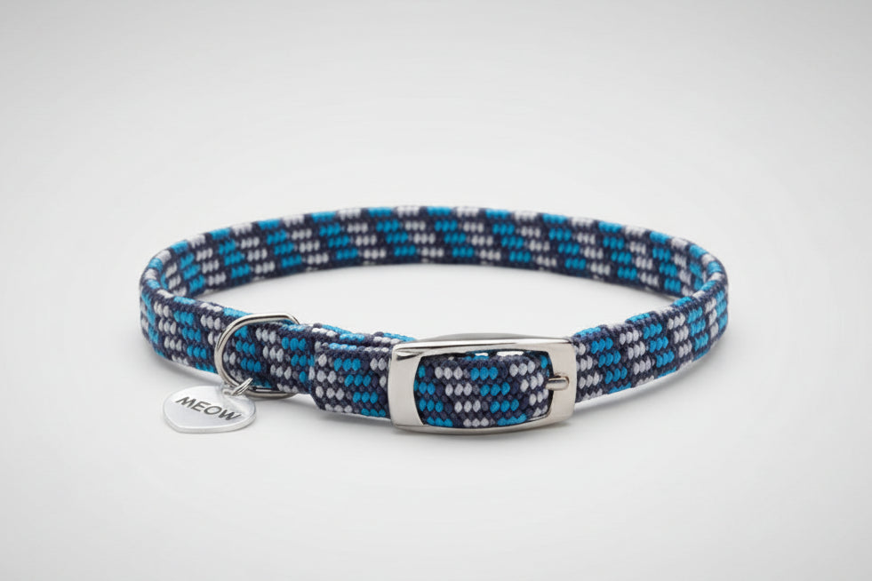 Reflective breakaway pet collar, blue and black braided design with snap buckle