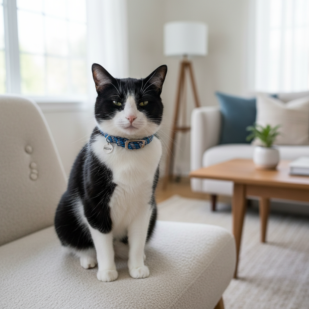 Reflective breakaway cat collar in blue with dark trim, fitted around cat neck.