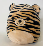 Tan and black striped tiger plush pet toy with round bear-like nose and eyes