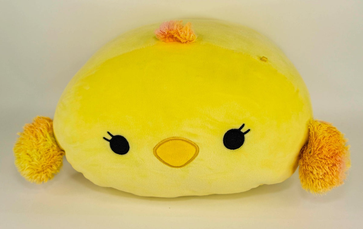 Large yellow chick plush pet toy with orange pom feet and cute embroidered face