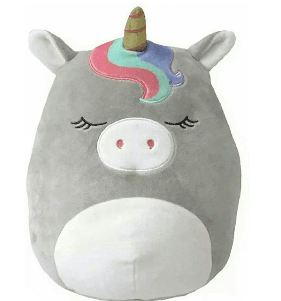 Large gray squishy unicorn plush with multicolor horn, closed eyes, and round snout