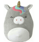 Large gray squishy unicorn plush with multicolor horn, closed eyes, and round snout