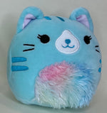 Light blue plush cat pet toy with pink-and-white fuzzy belly and whisker face