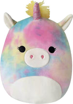 Large squishy plush pet toy, rainbow unicorn with gold horn, yellow mane, and pink details.