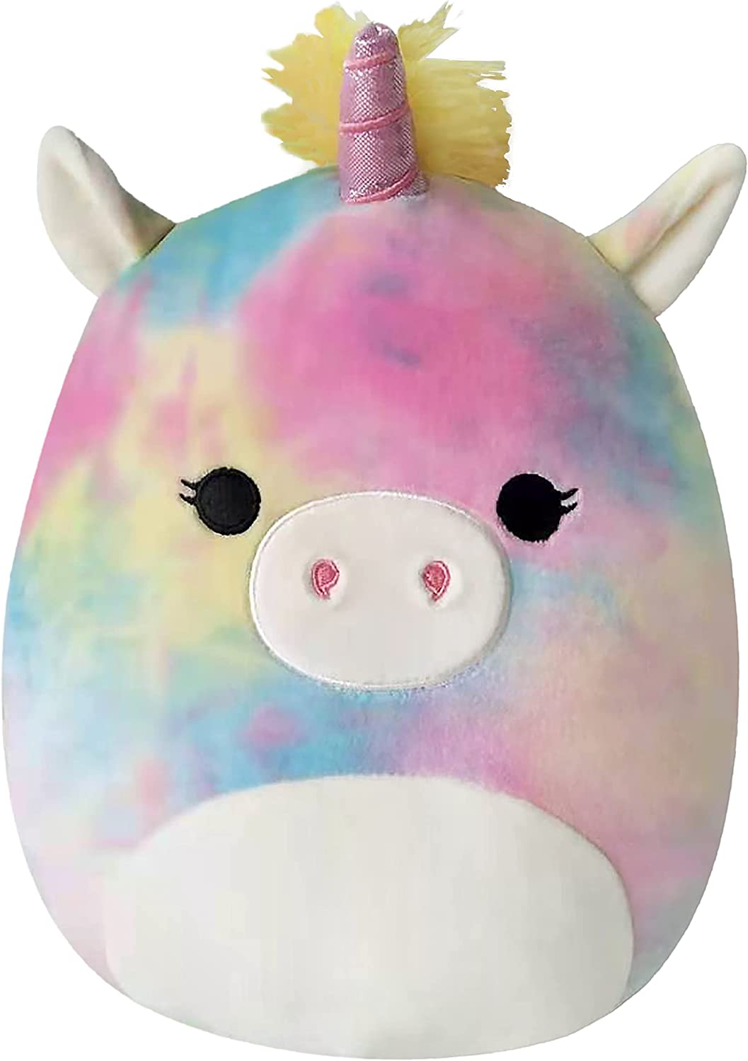 Large squishy plush pet toy, rainbow unicorn with gold horn, yellow mane, and pink details.