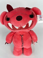 Large squishy plush pet toy, red dinosaur with big teeth smile and stitched belly
