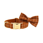 Brown plaid dog collar with gold buckle and matching bow tie