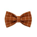 Brown plaid dog bow tie with center knot and stitched edges