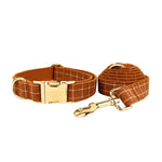 Brown plaid dog collar set with matching leash, gold buckles and clips