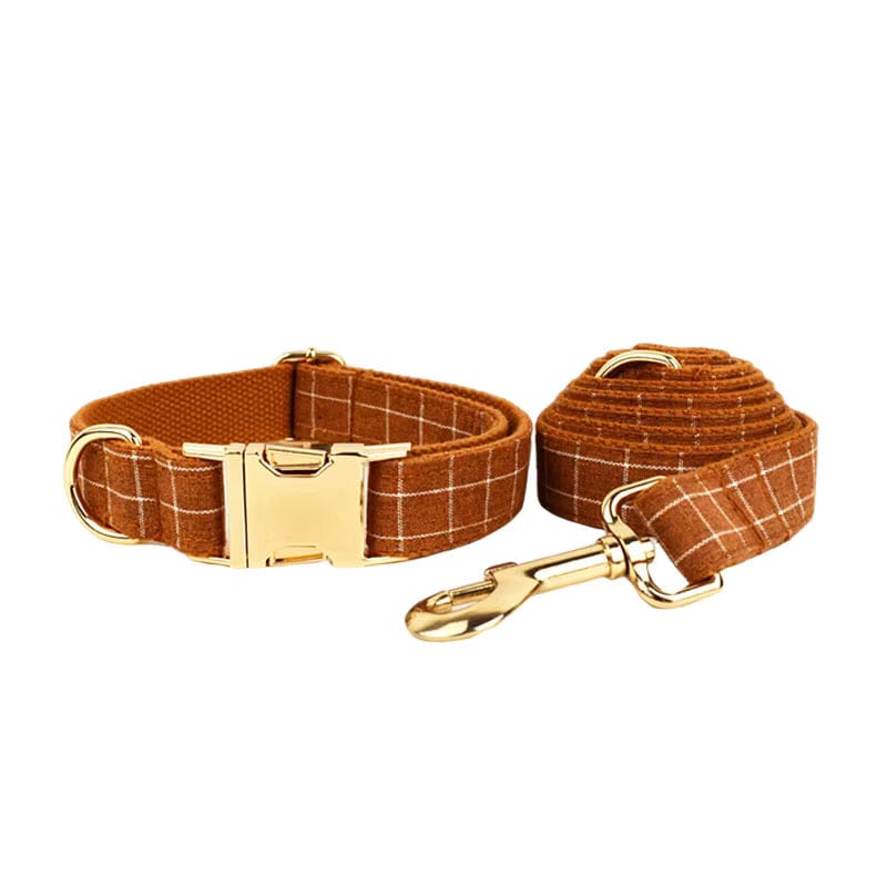 Brown plaid dog collar set with matching leash, gold buckles and clips