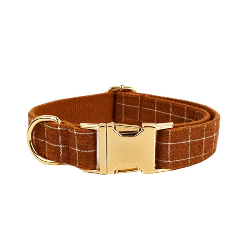 Brown plaid dog collar with gold rectangular buckle and D-ring