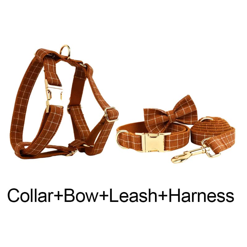 Brown plaid dog collar, bow tie, leash, and harness set with gold hardware