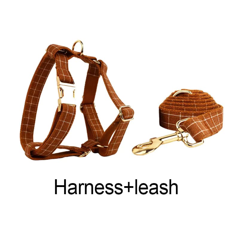 Brown plaid dog harness with matching leash and gold clips