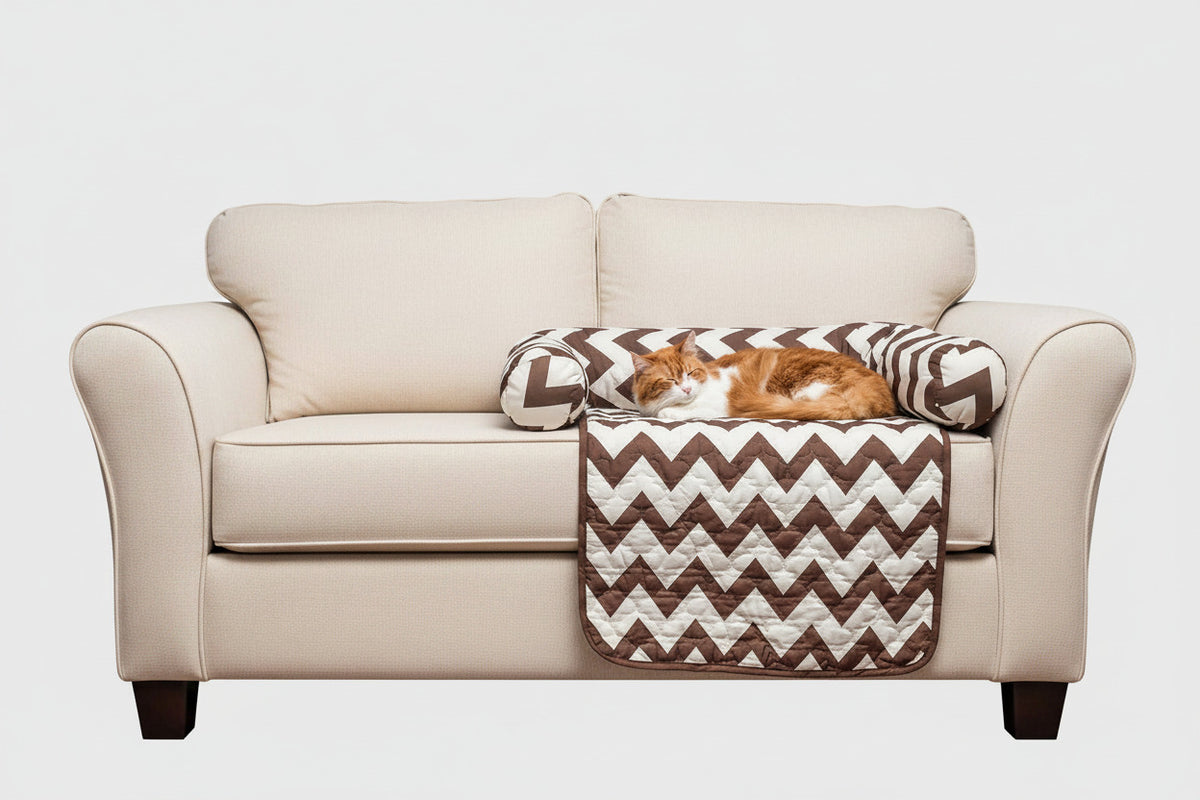 Reversible pet bed and chair cover set with brown-and-white chevron quilt top