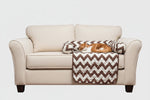 Reversible pet bed and chair cover set with brown-and-white chevron quilt top